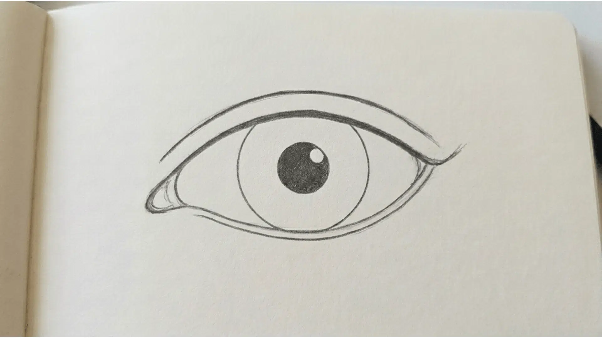 simplified eye drawing with the iris and pupil placed inside the outlined eyelids and eyebrow guide.