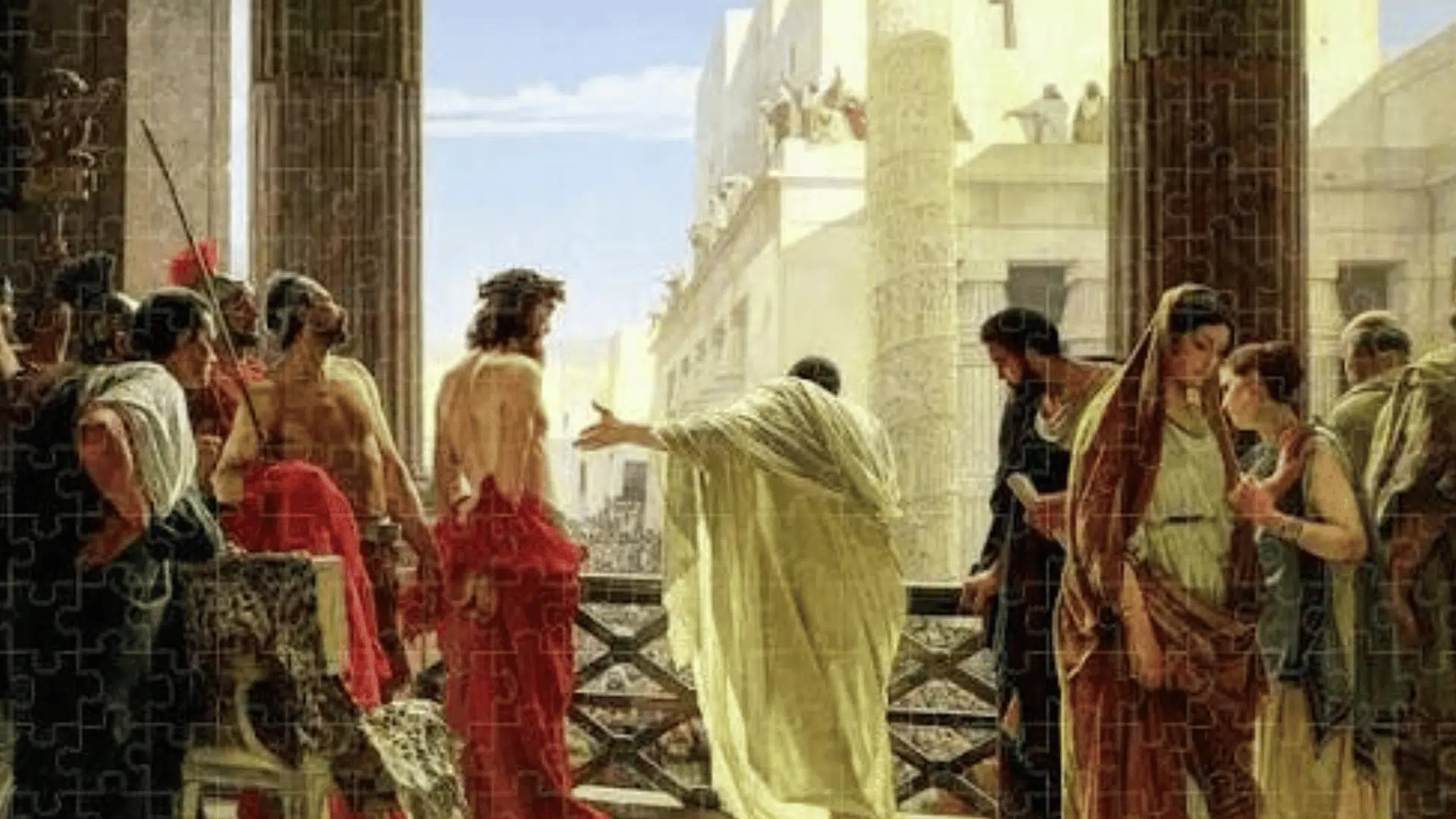 Antonio Ciseri's painting Ecce Homo, showing Pontius Pilate presenting a bound Jesus to a large crowd