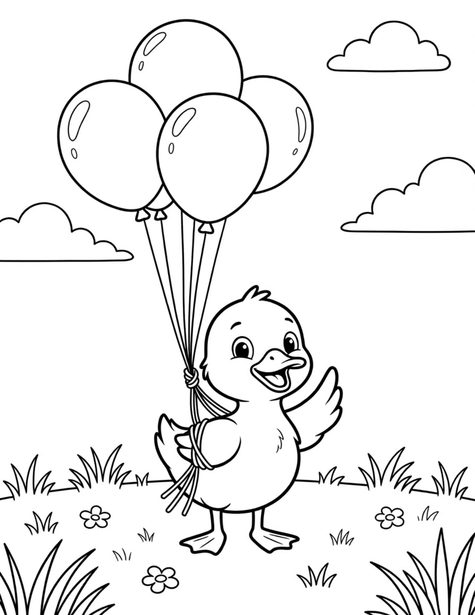 duck holding balloons floating in meadow with clouds and grass coloring page outline style