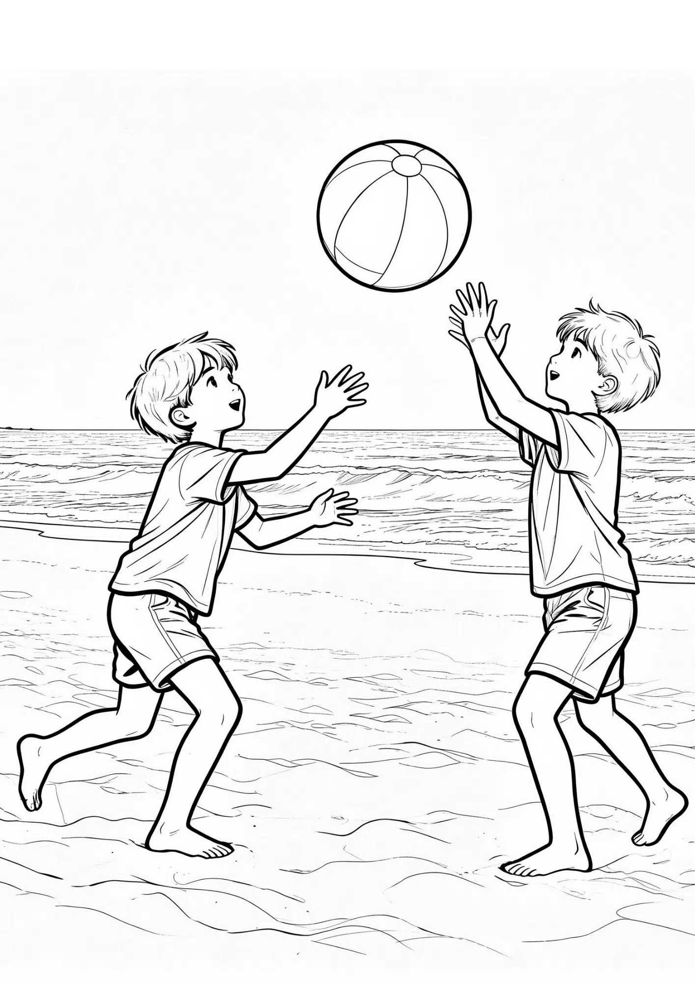 kids playing beach ball on sandy beach black outline coloring page summer fun outdoor activity