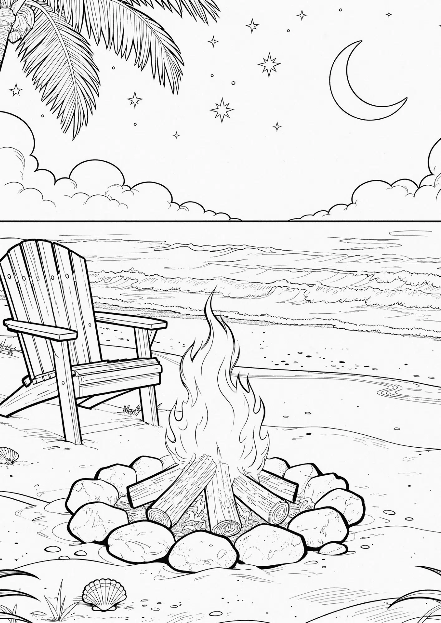 beach campfire night scene black outline coloring page ocean waves stars fire storytelling scene