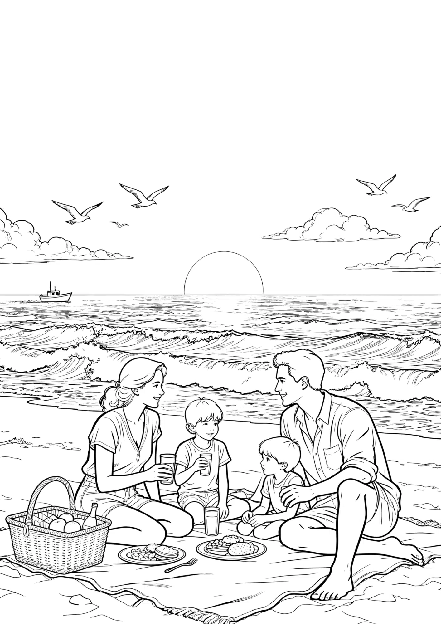 family picnic on beach under umbrella black outline coloring page happy summer scene for kids