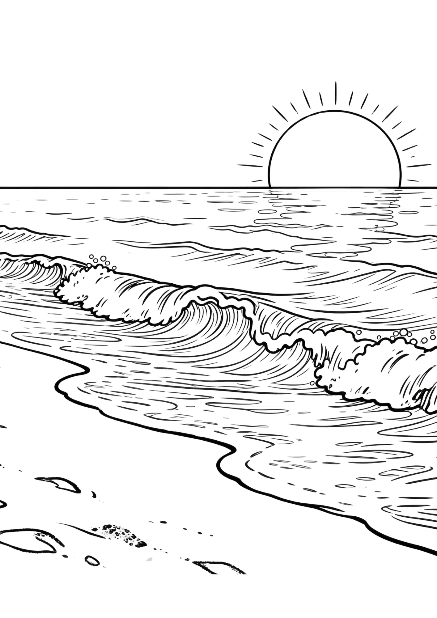 simple beach with sun waves and sand in bold black outline coloring page for kids