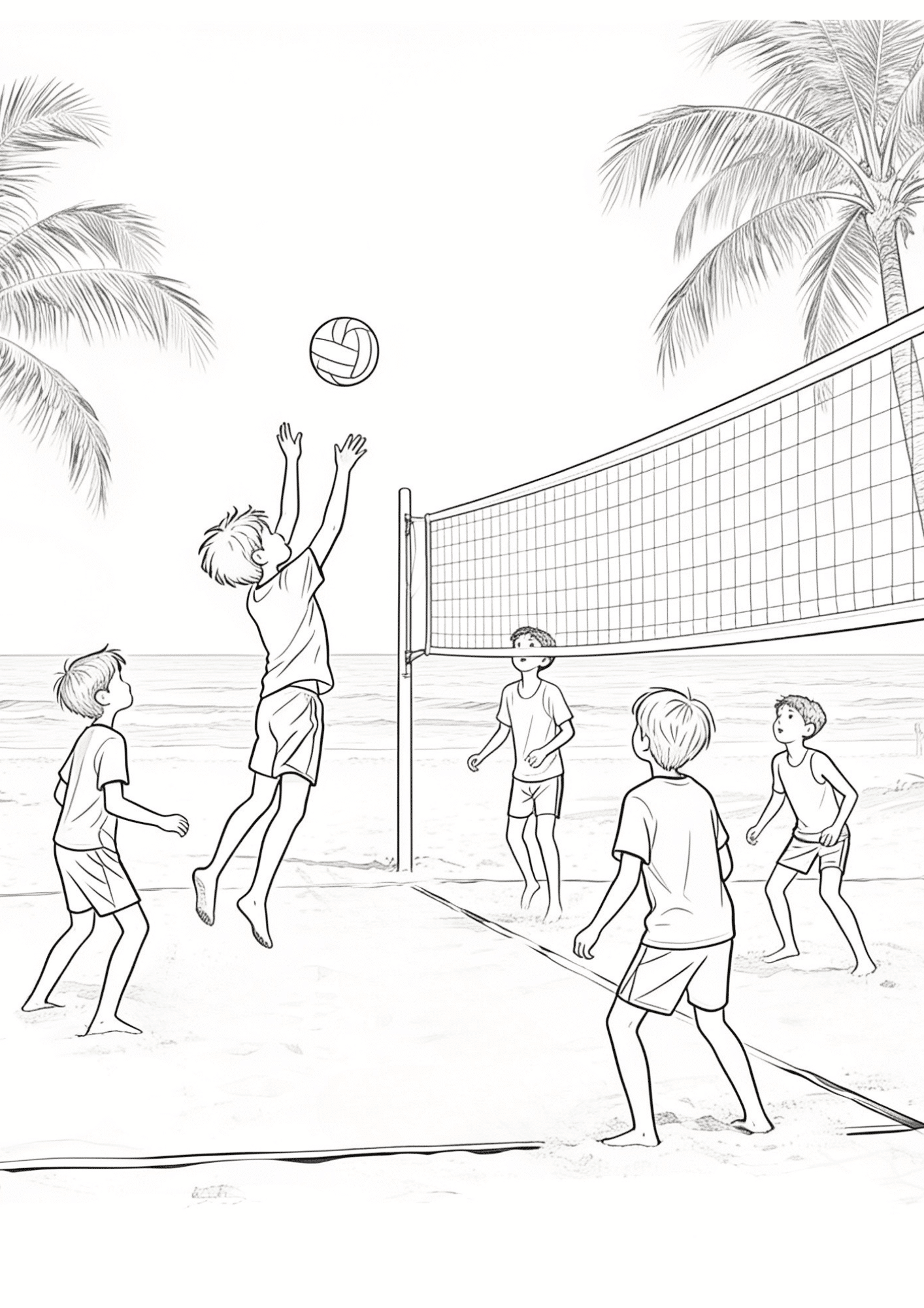 kids playing beach volleyball on beach with palm trees and ball black outline coloring page summer fun