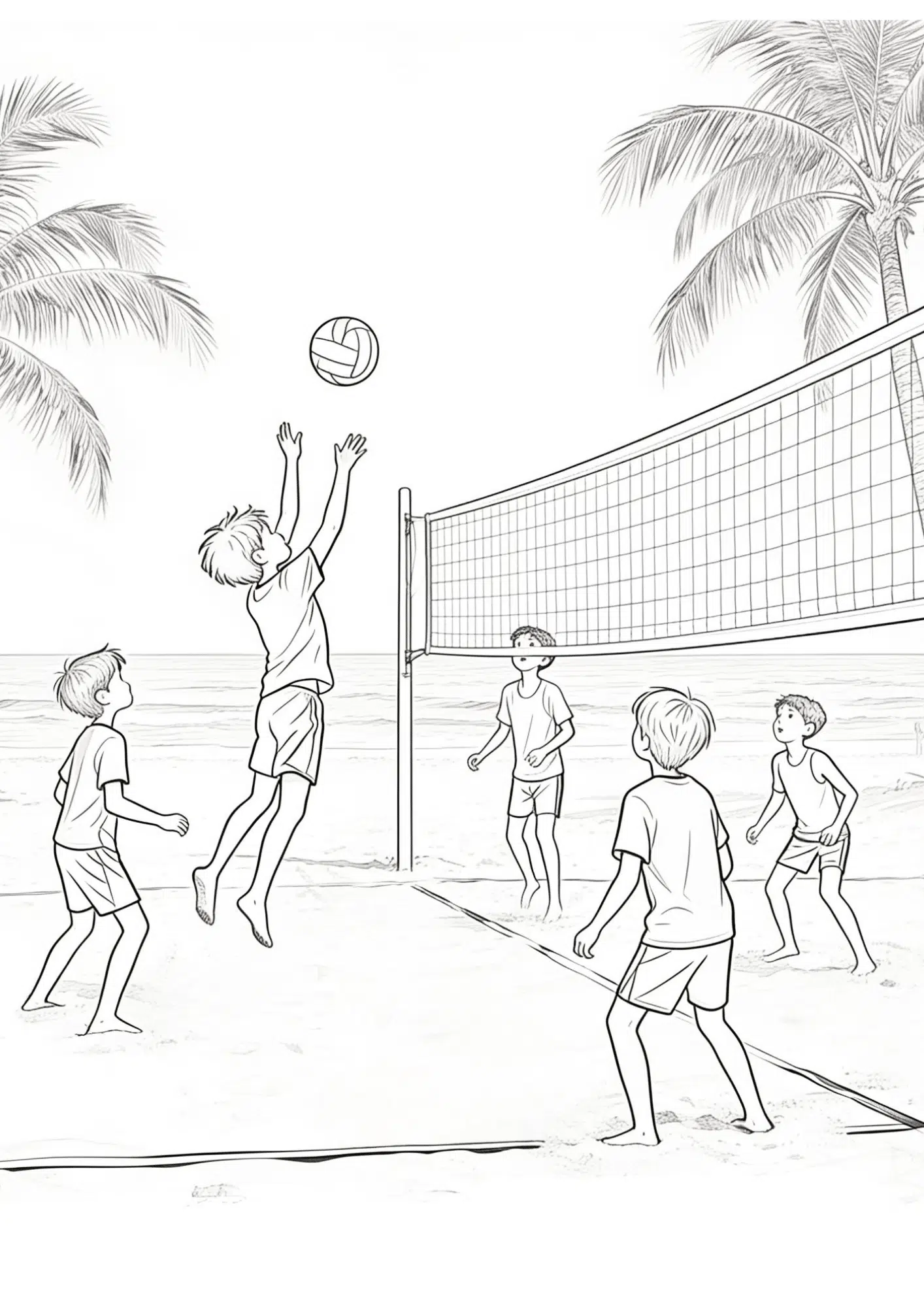 kids playing beach volleyball on beach with palm trees and ball black outline coloring page summer fun
