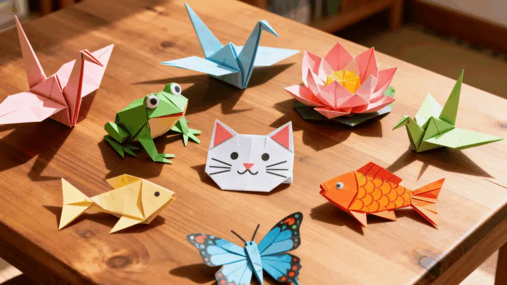 a flat lay of various origami projects made from bright paper and arranged neatly on a wooden surface