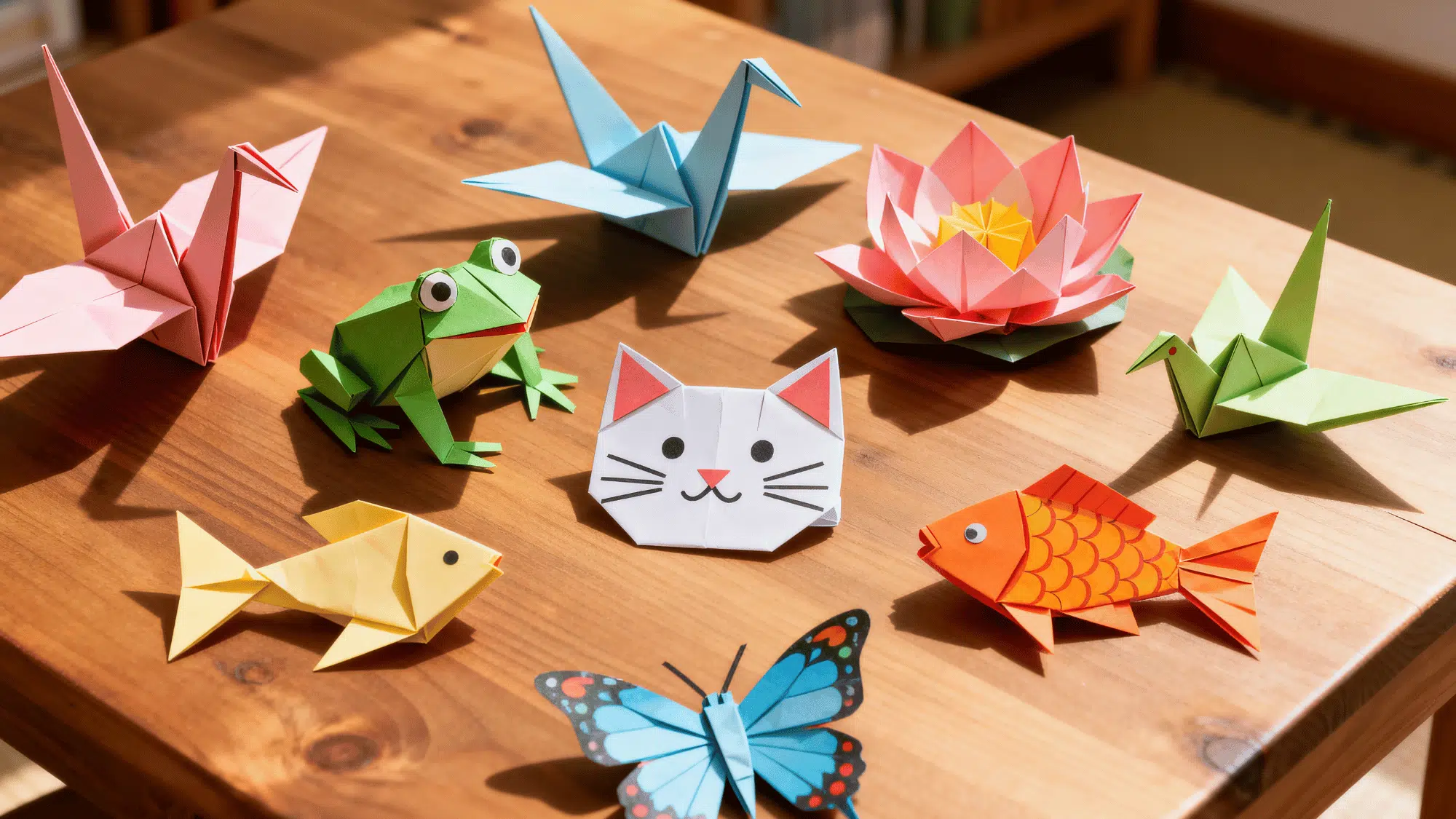 a flat lay of various origami projects made from bright paper and arranged neatly on a wooden surface