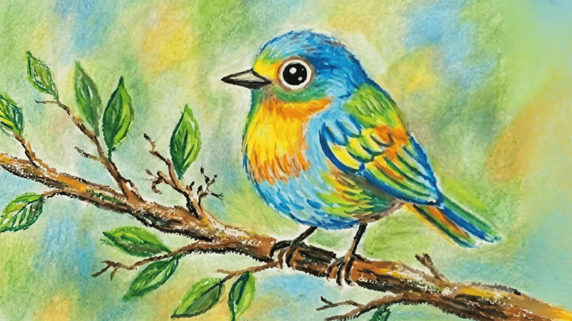 colorful bird painting on a branch with bright feathers green leaves and soft background