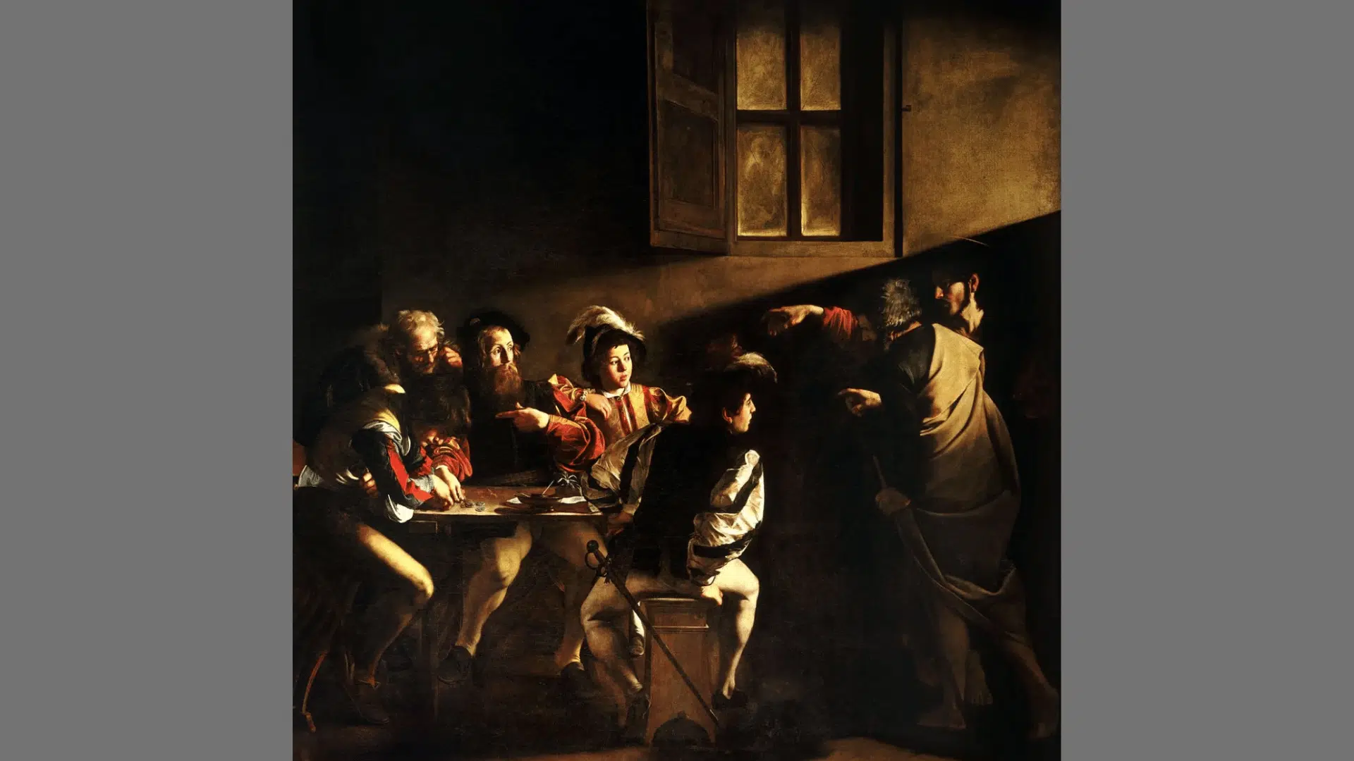 Caravaggio's painting The Calling of Saint Matthew, showing Jesus pointing at Matthew at a tavern table