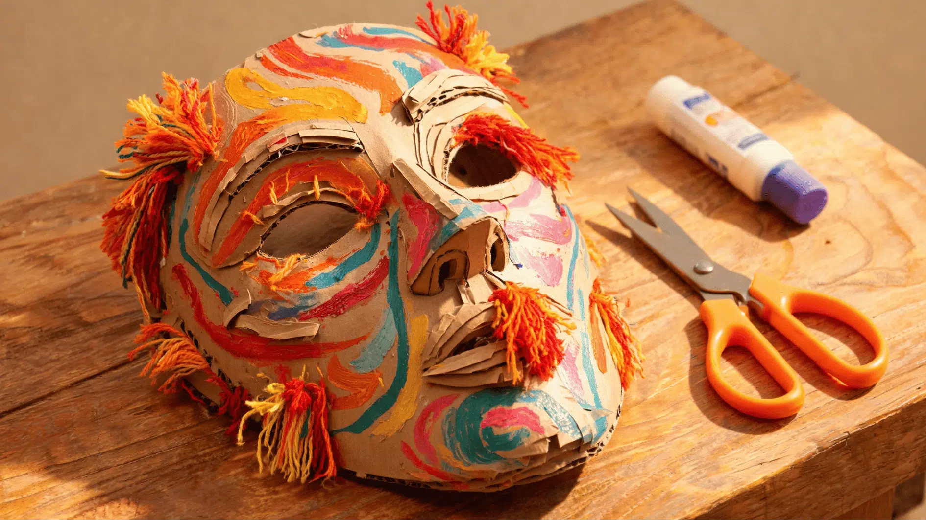 decorative cardboard mask painted with colorful patterns yarn accents and layered textures