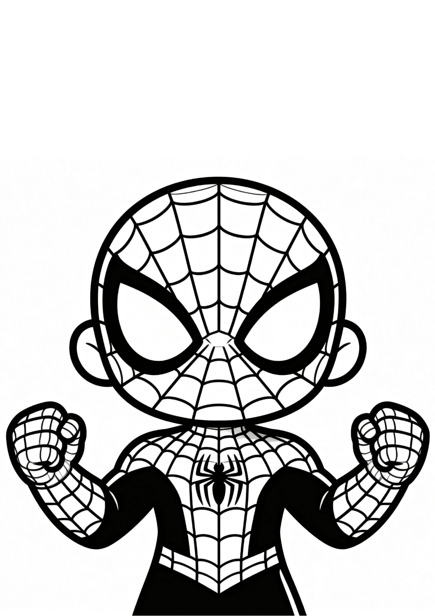 chibi spider man coloring page with fists clenched and bold web patterns for kids to print and color
