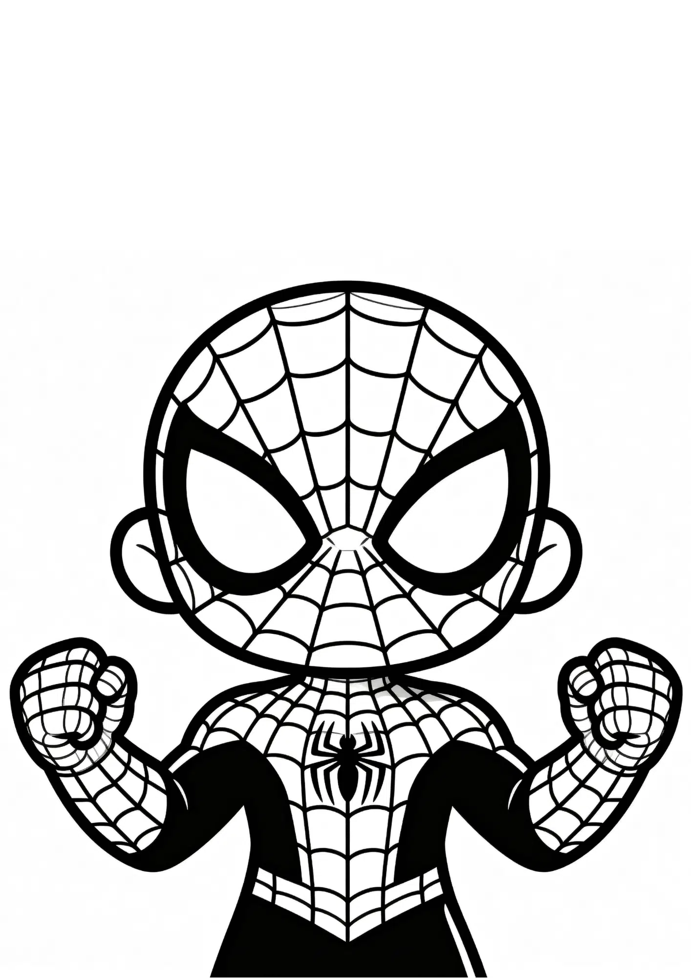 chibi spider man coloring page with fists clenched and bold web patterns for kids to print and color