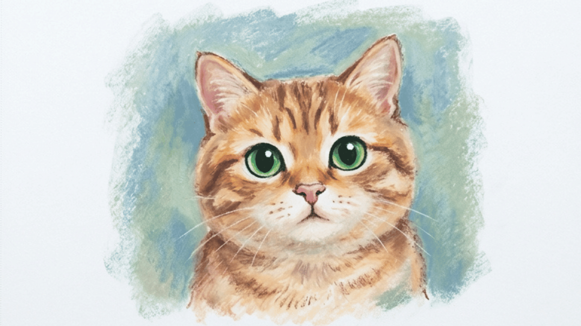 orange cat portrait painting with green eyes soft fur and gentle blue background