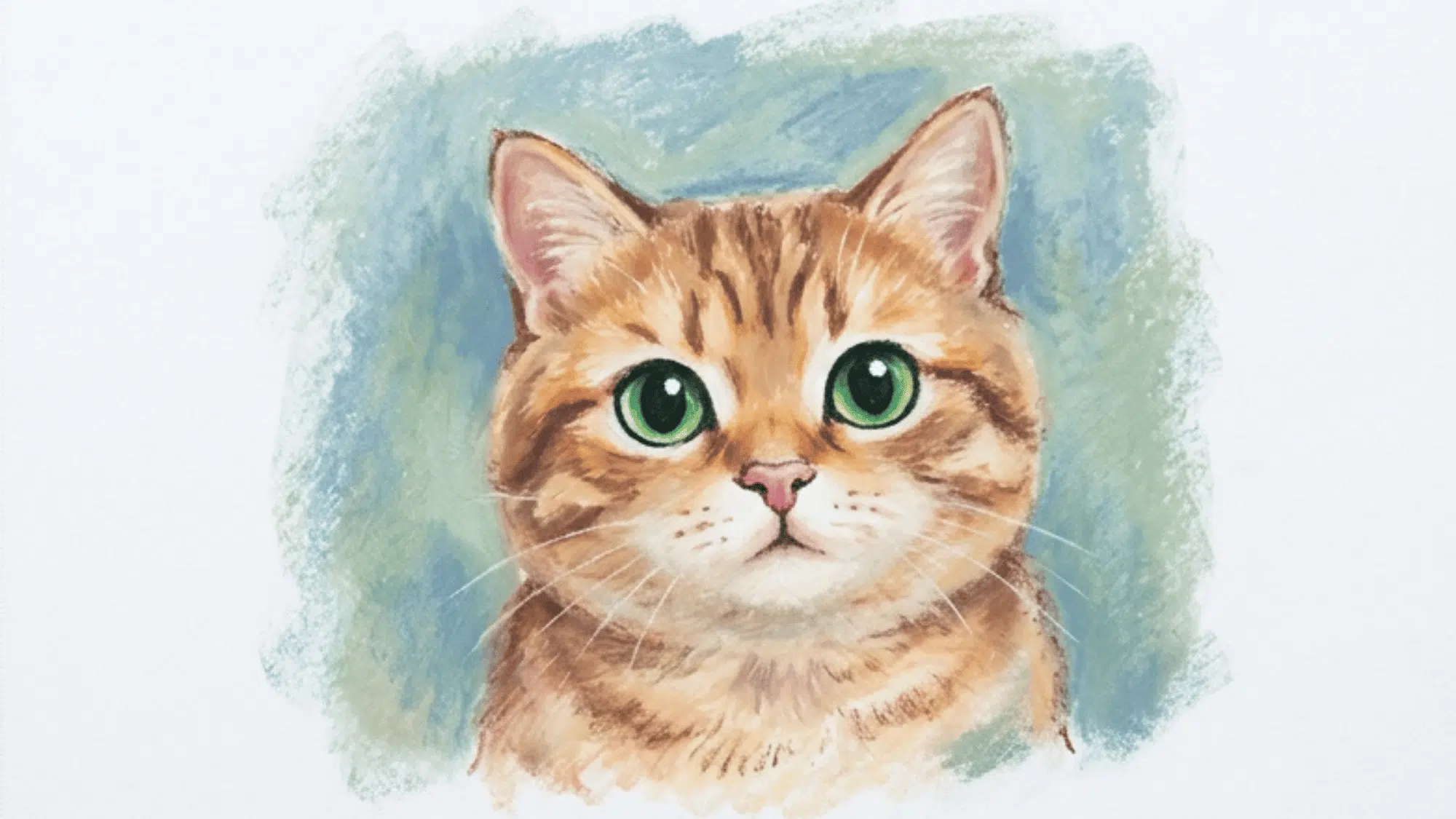 orange cat portrait painting with green eyes soft fur and gentle blue background