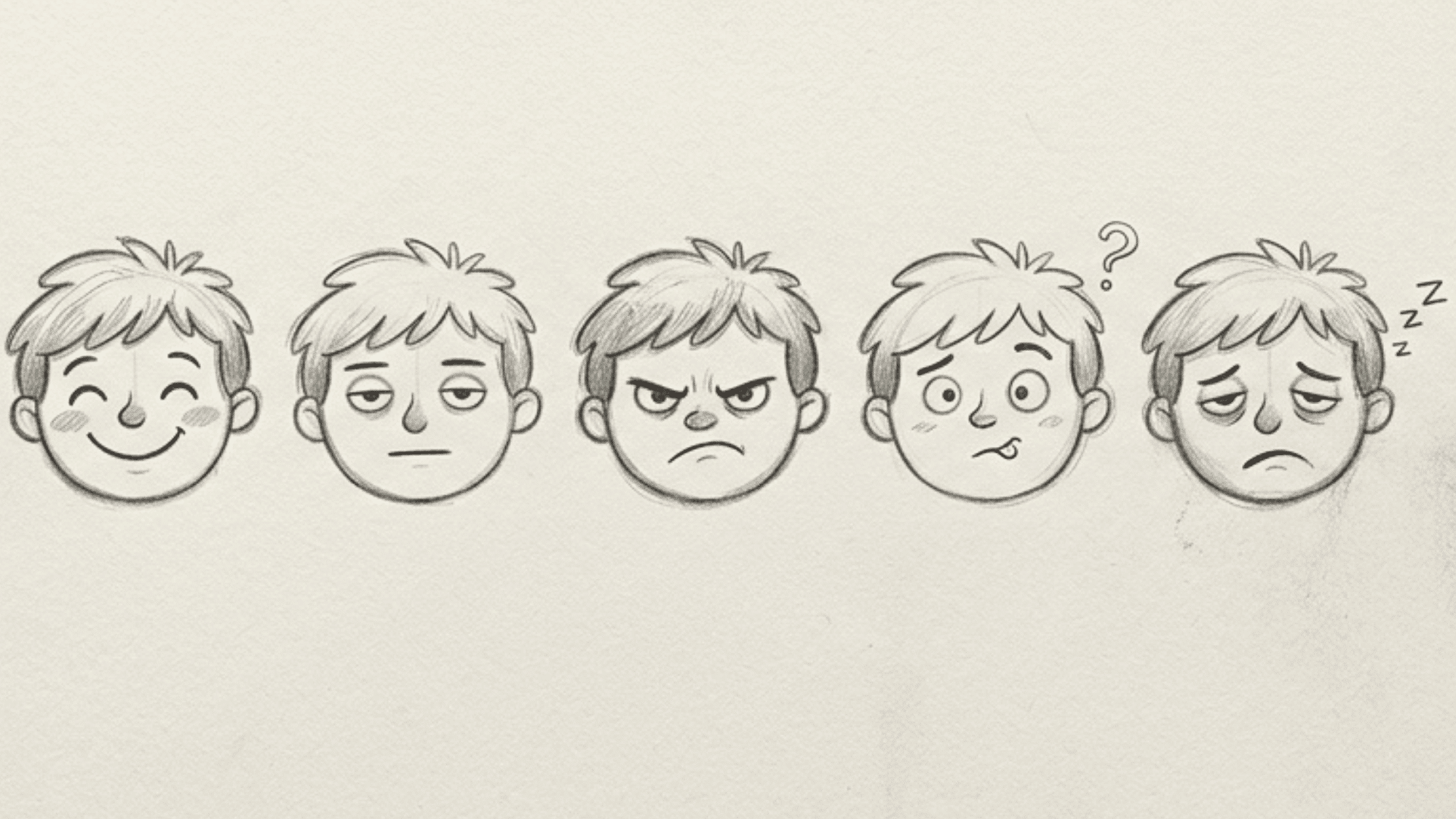 character face expression in pencil drawing showing happy surprised sad angry confused and excited emotions in simple style
