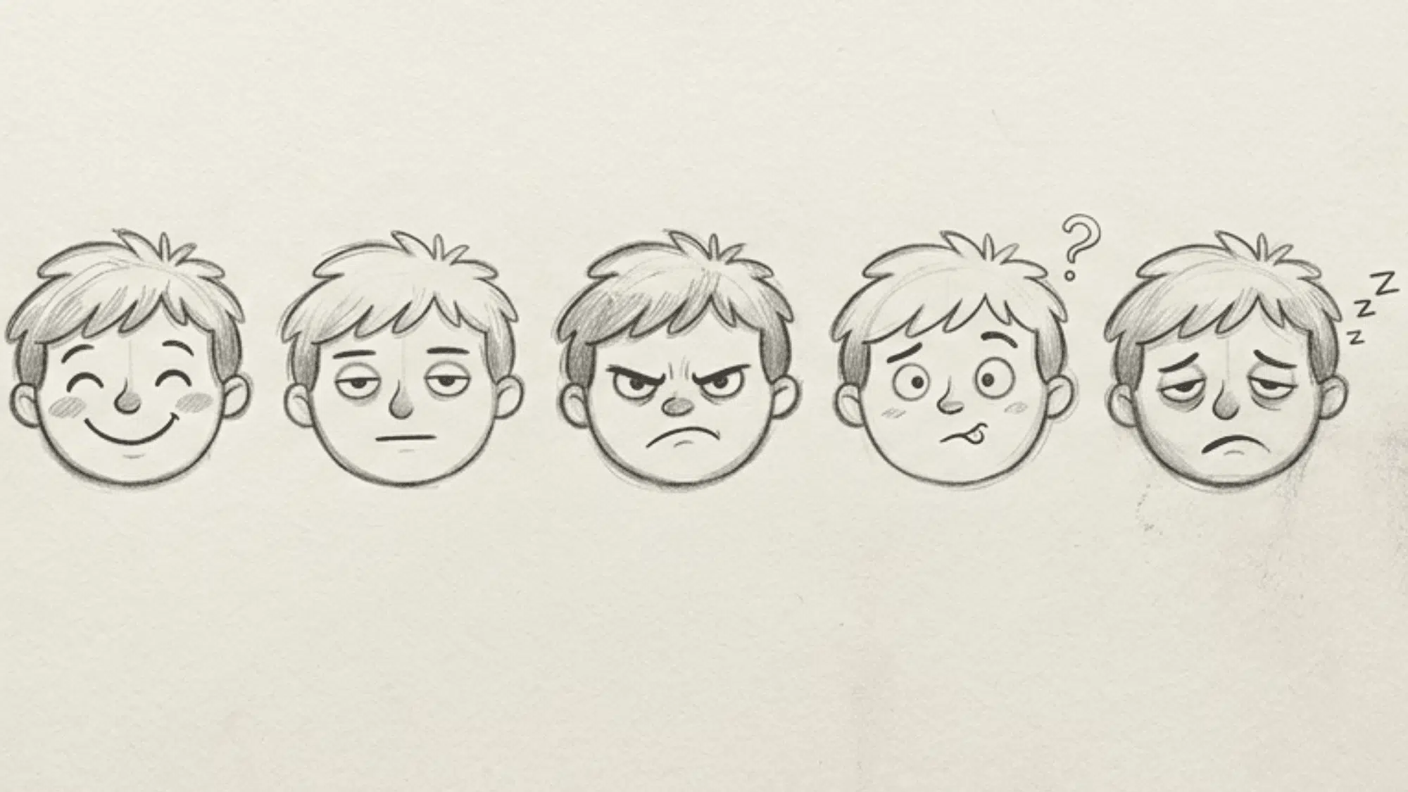 character face expression in pencil drawing showing happy surprised sad angry confused and excited emotions in simple style