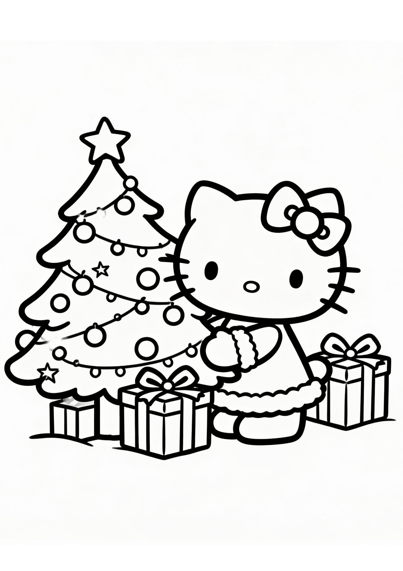 christmas tree gifts hello kitty holiday scene outline coloring page black white printable kids sheet festive