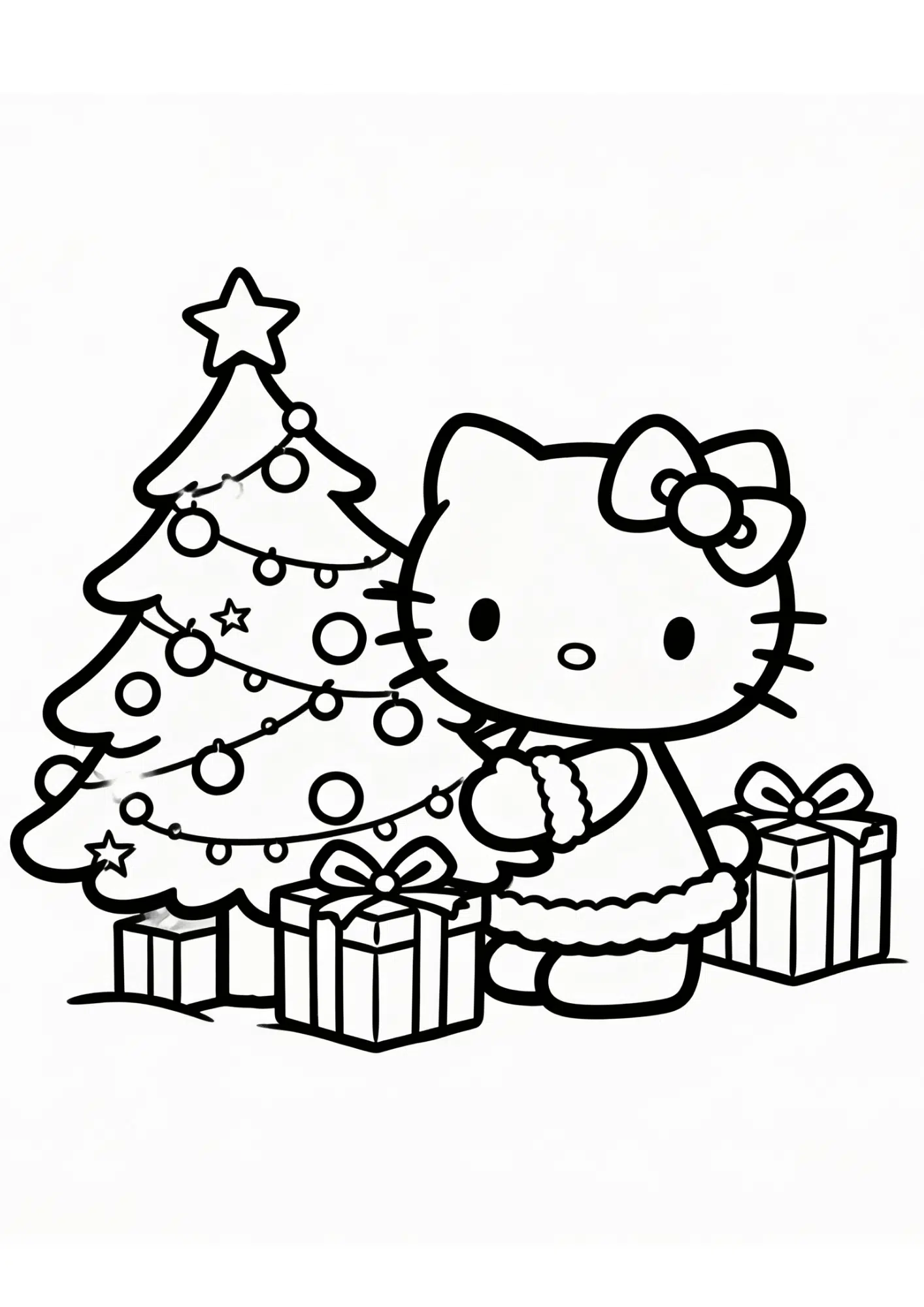 christmas tree gifts hello kitty holiday scene outline coloring page black white printable kids sheet festive