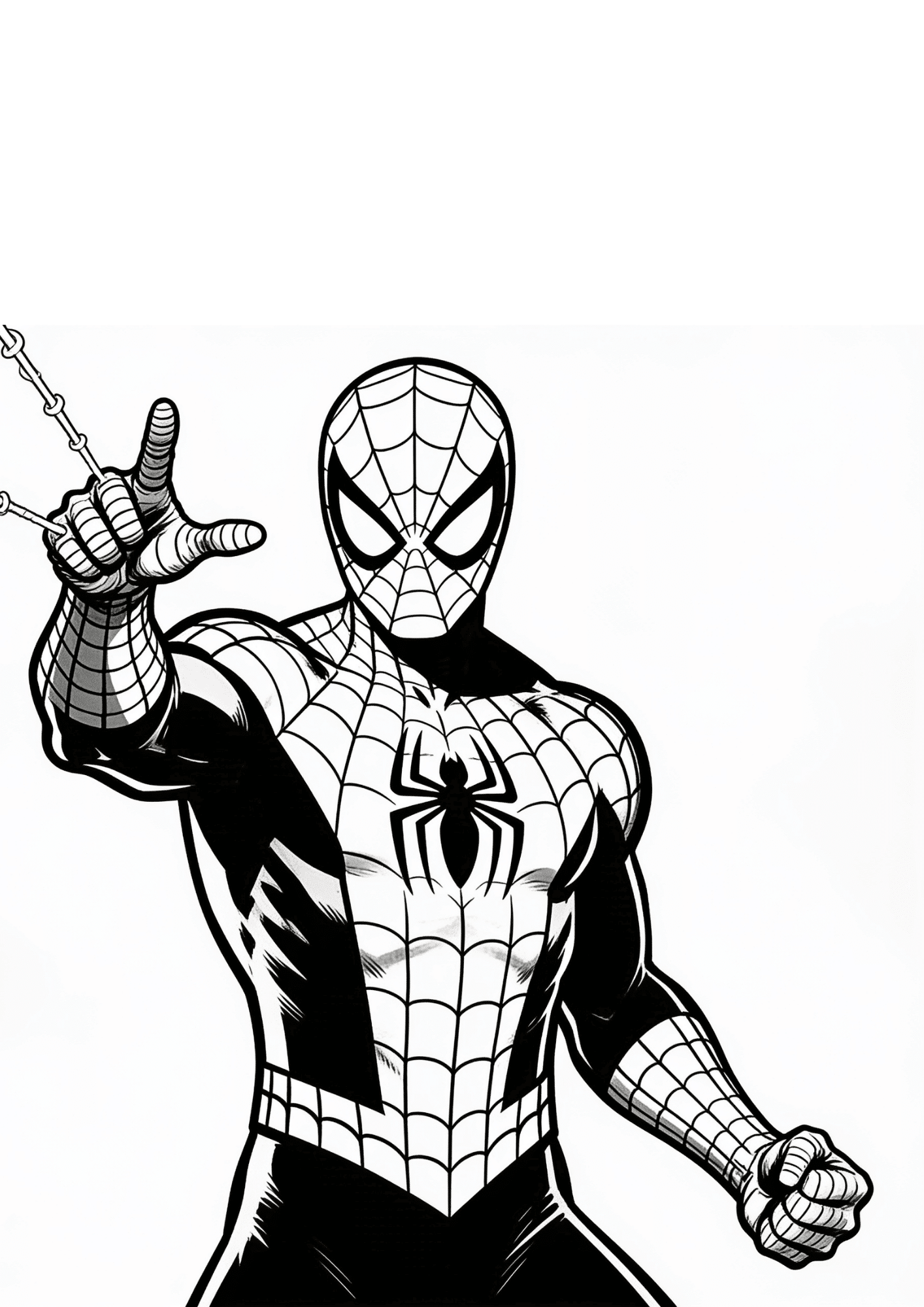 classic spider man coloring page with superhero pose and raised web shooting hand for kids