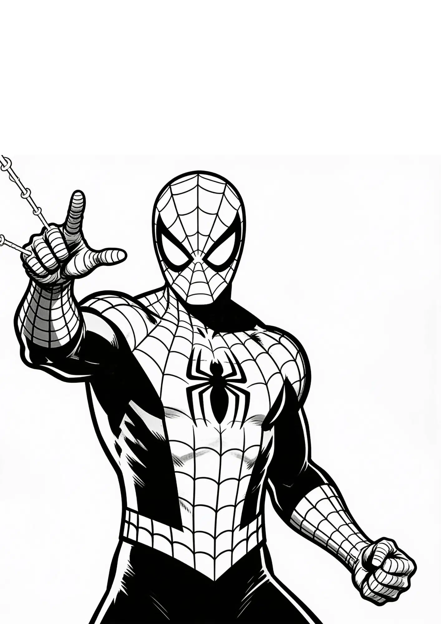 classic spider man coloring page with superhero pose and raised web shooting hand for kids