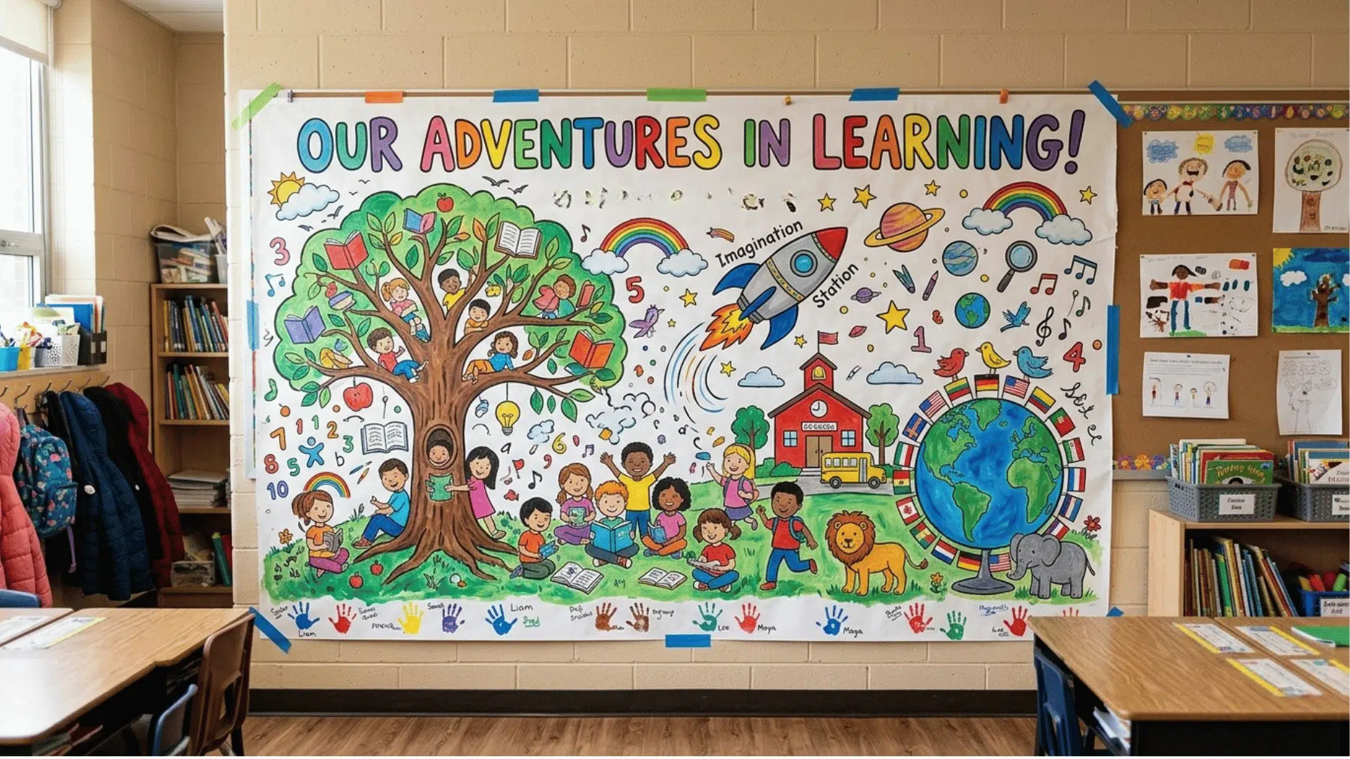 a classroom mural made on adventures in learning and pasted on the wall