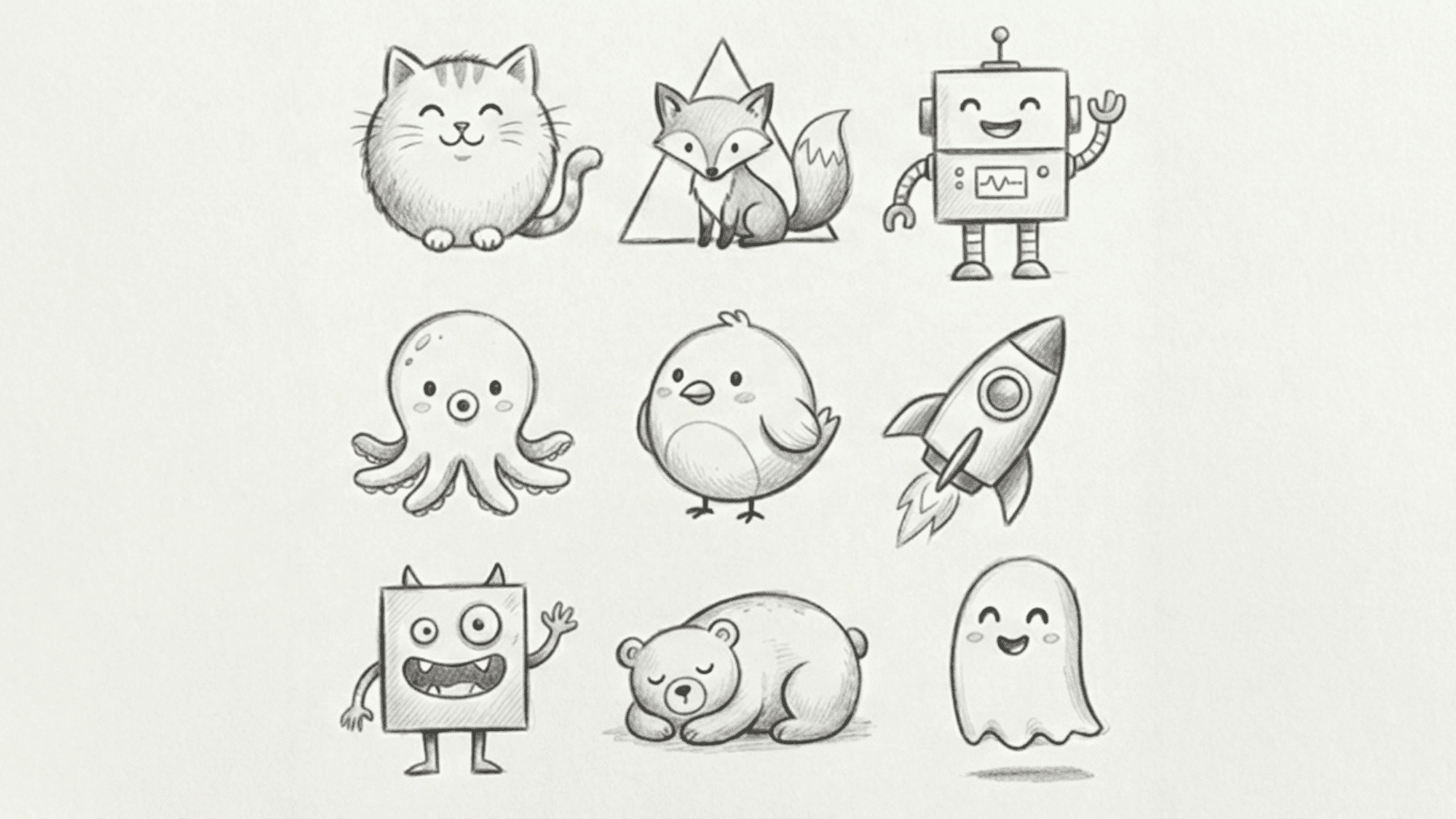 collection-of-cute-pencil-drawings-including-cat-fox-robot-octopus-chick-rocket-monster-bear-and-ghost