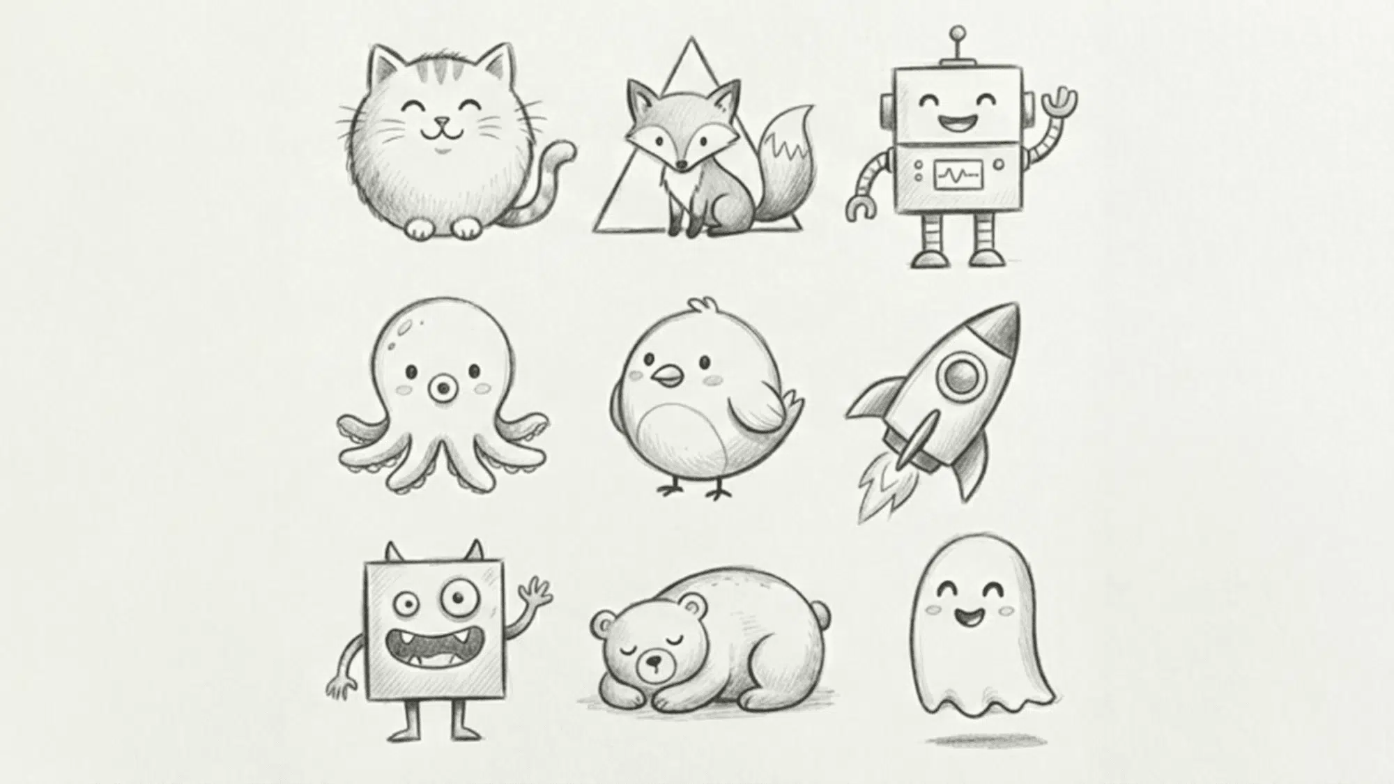 collection-of-cute-pencil-drawings-including-cat-fox-robot-octopus-chick-rocket-monster-bear-and-ghost