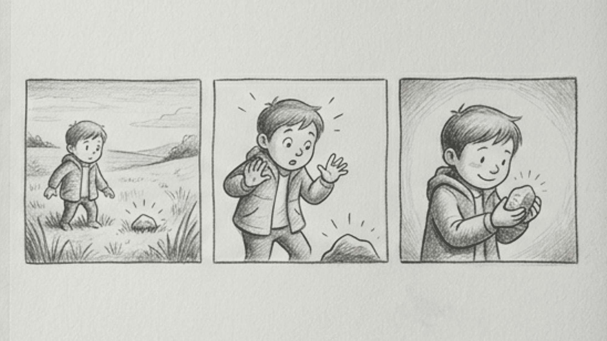 comic panels with simple pencil drawings telling a fun story using clear expressions actions and easy to follow scenes on white background