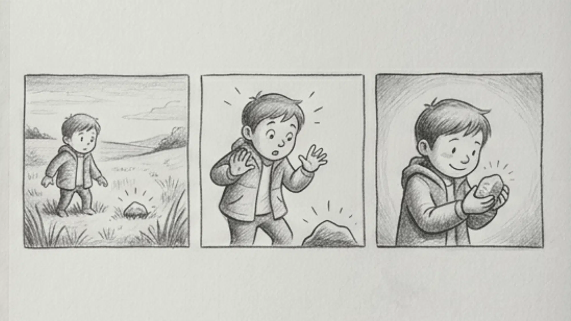 comic panels with simple pencil drawings telling a fun story using clear expressions actions and easy to follow scenes on white background