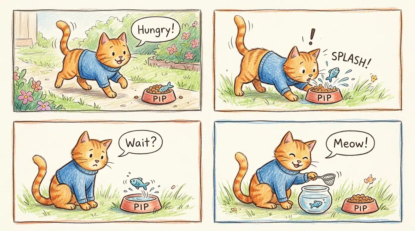 a cat comic strip story made with pencil colors in a four grid