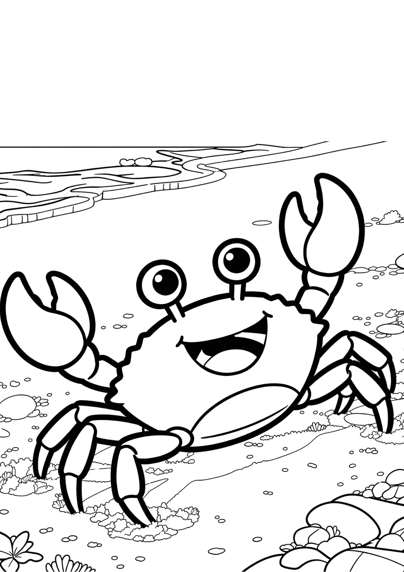 cute smiling crab on beach sand black outline coloring page fun ocean animal for kids