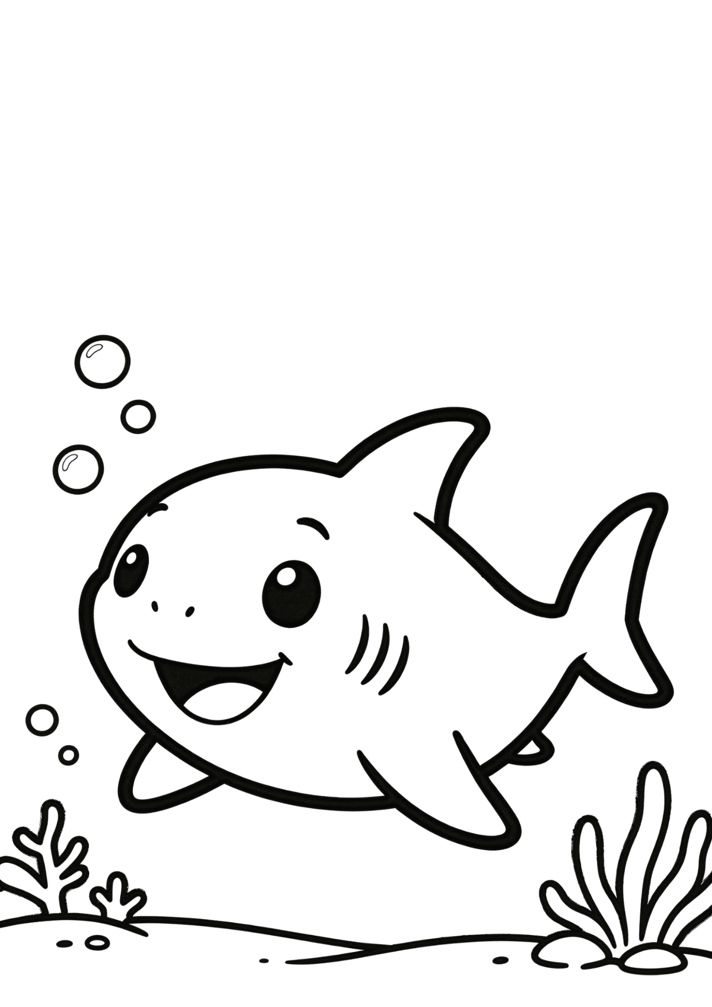 cute baby shark coloring page with smiling shark thick outlines and simple underwater scene for preschool kids