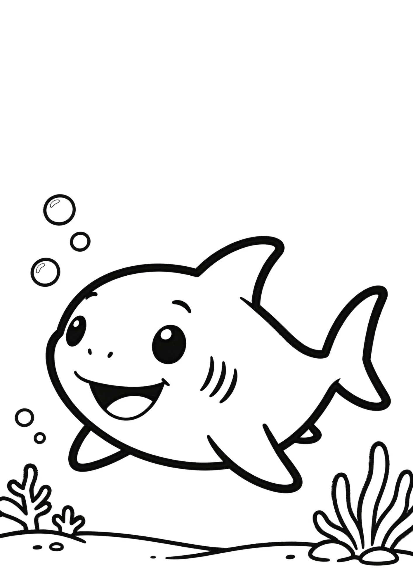 cute baby shark coloring page with smiling shark thick outlines and simple underwater scene for preschool kids