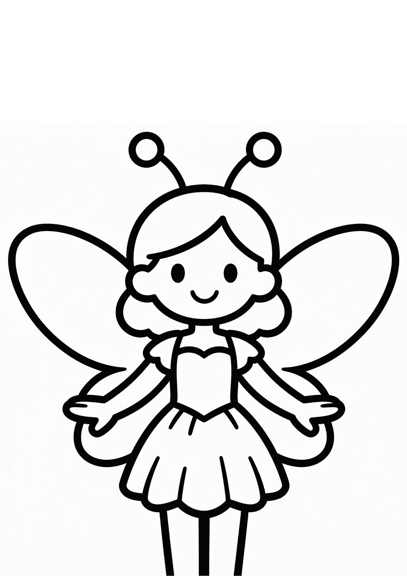 cute fairy coloring page with a smiling fairy wearing simple wings and a dress in easy bold outline line art for kids