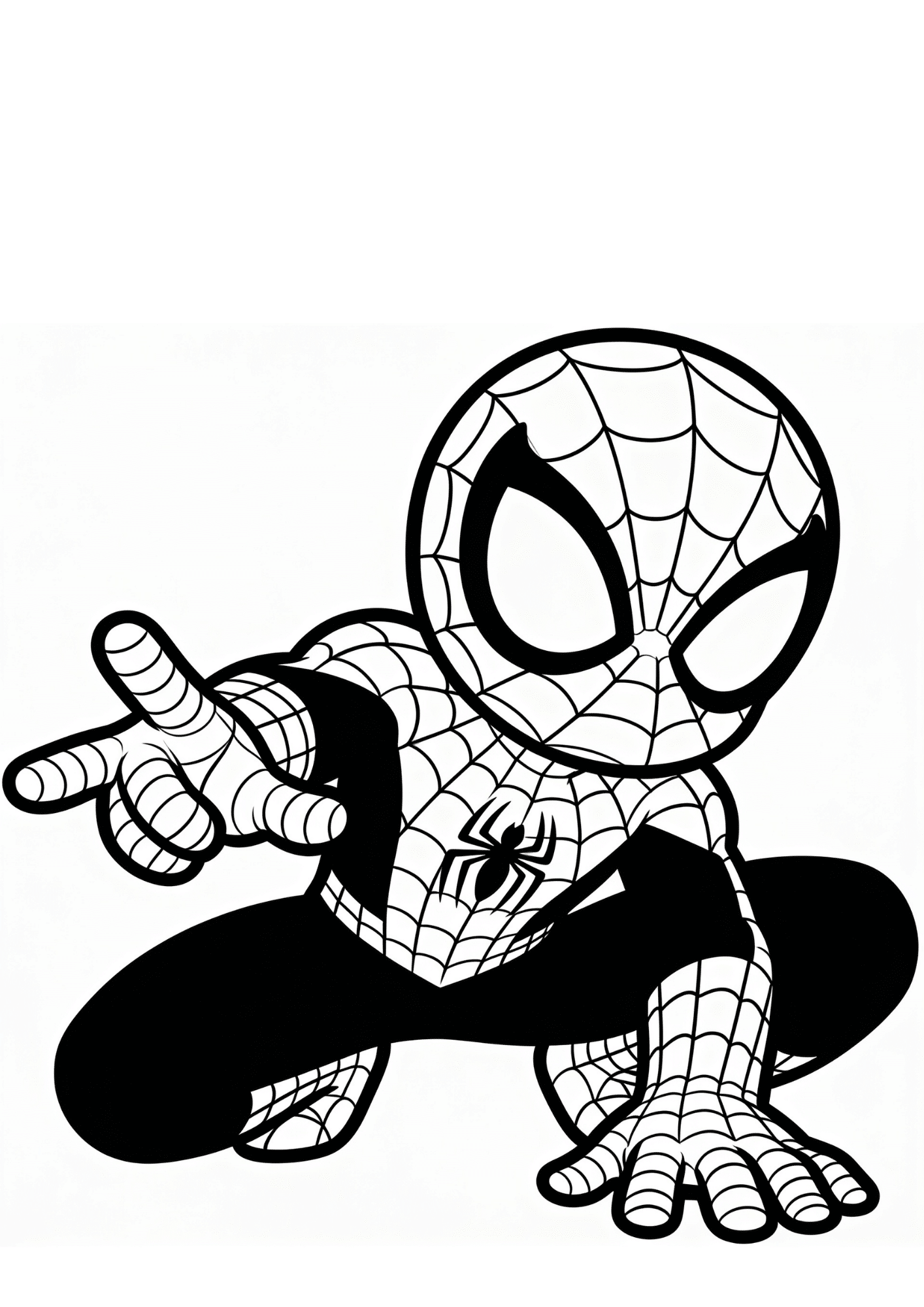 cute spider man coloring page in chibi style with dynamic crouch pose and web pattern for kids to print