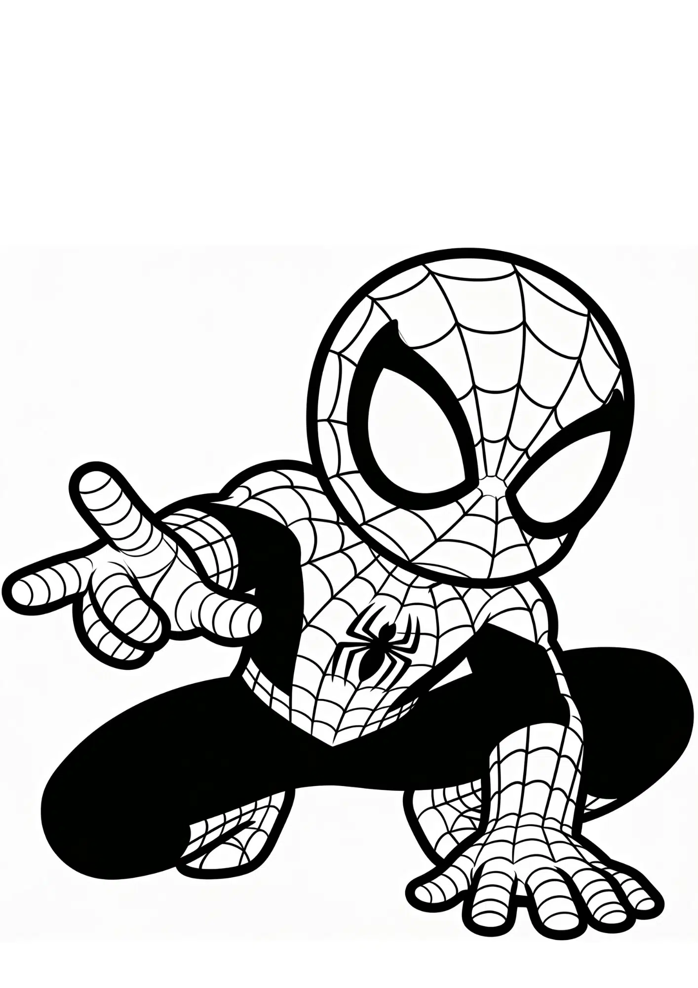 cute spider man coloring page in chibi style with dynamic crouch pose and web pattern for kids to print
