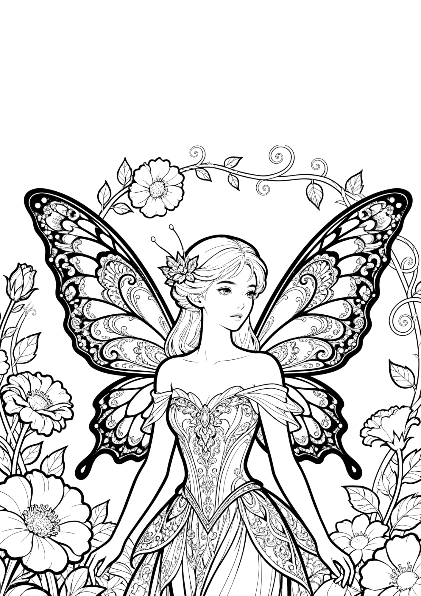 detailed fairy coloring page with decorative wings flowers and vines in bold outline line art for older kids