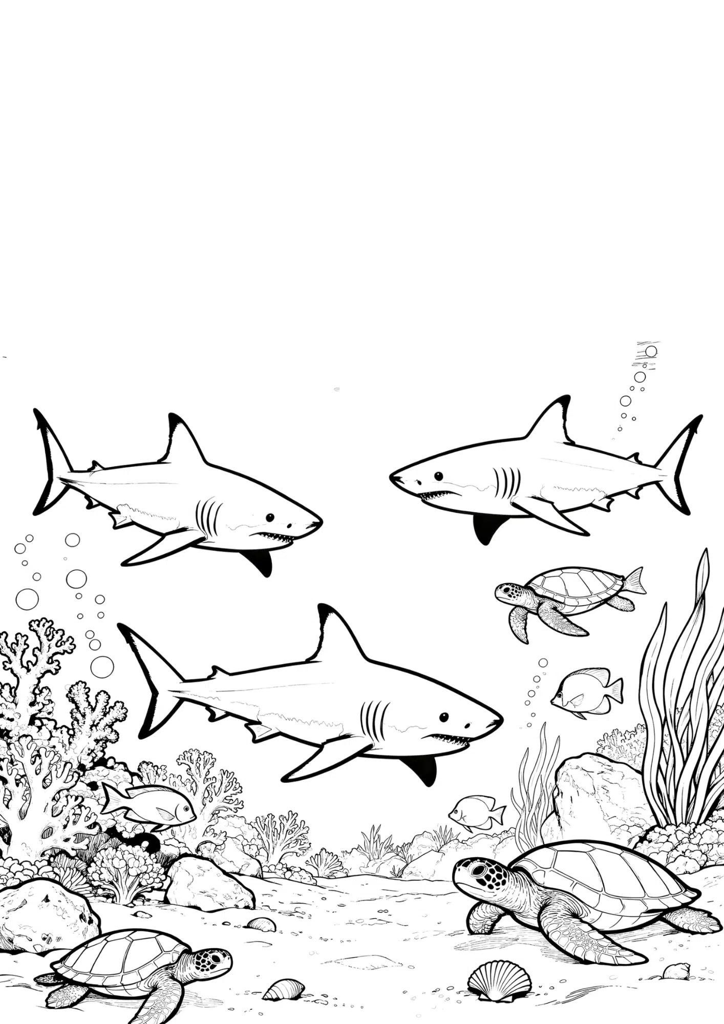 detailed ocean shark coloring page with multiple sharks coral reef and fish in bold black outline only for coloring
