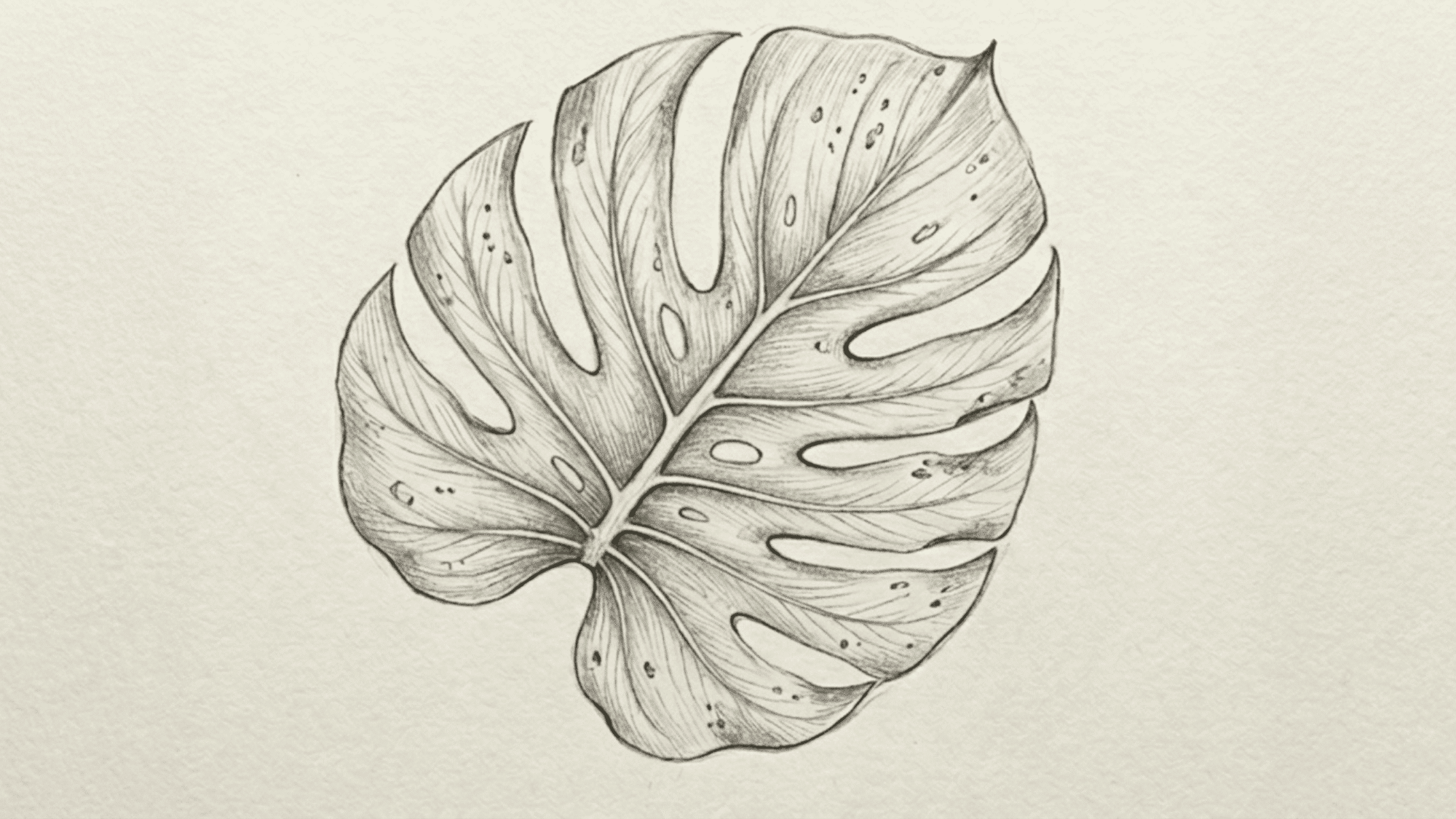 detailed pencil drawing of a large monstera leaf with natural veins and split edges