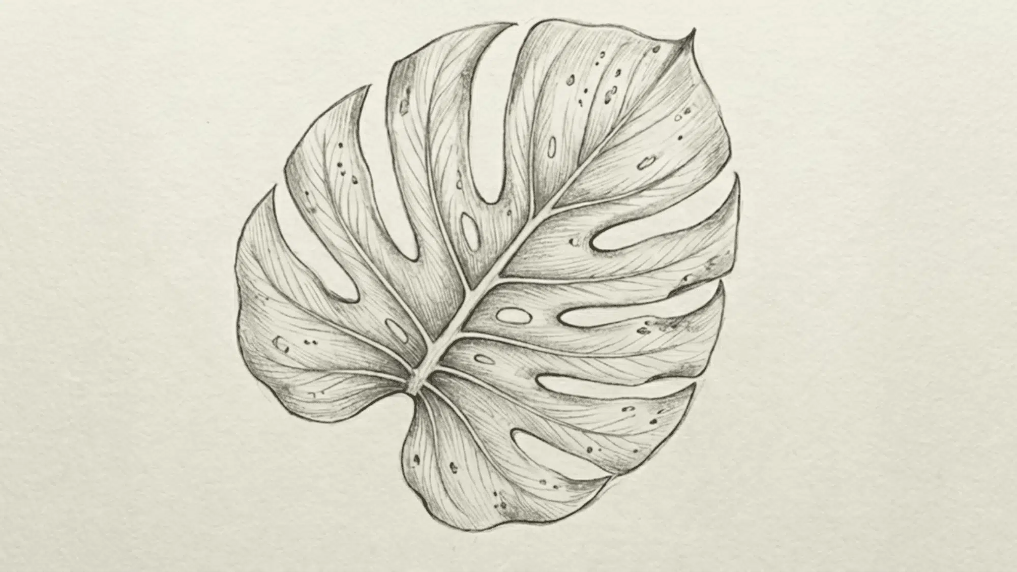 detailed pencil drawing of a large monstera leaf with natural veins and split edges