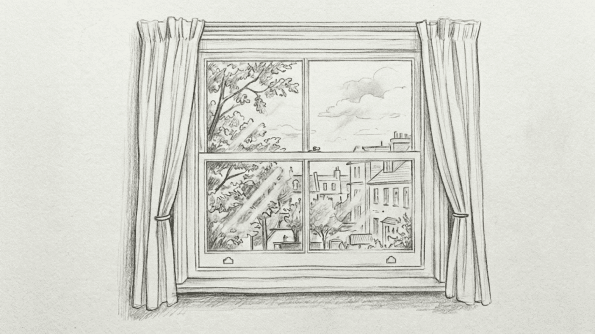 detailed pencil drawing of a window with curtains overlooking trees clouds and neighborhood buildings