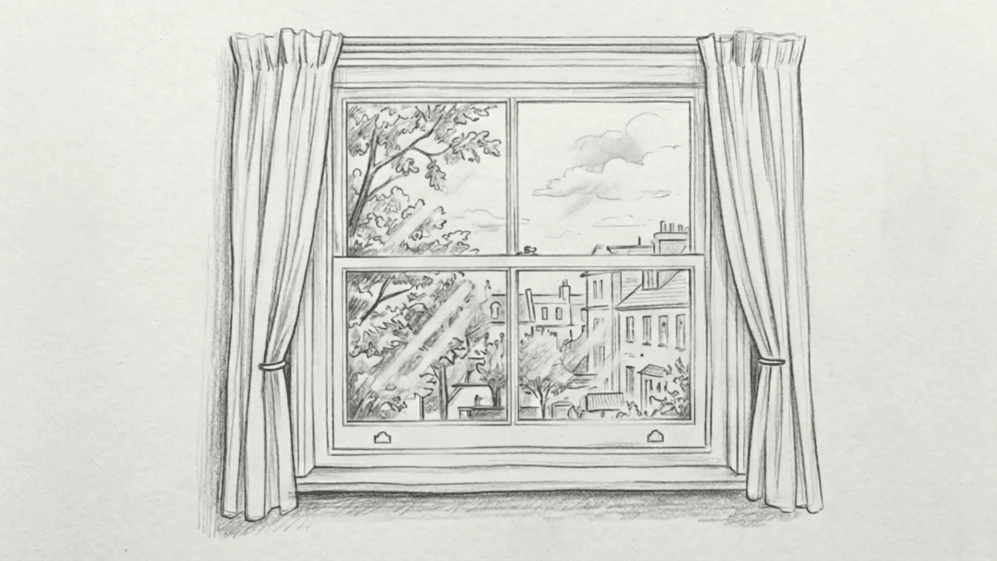 detailed pencil drawing of a window with curtains overlooking trees clouds and neighborhood buildings