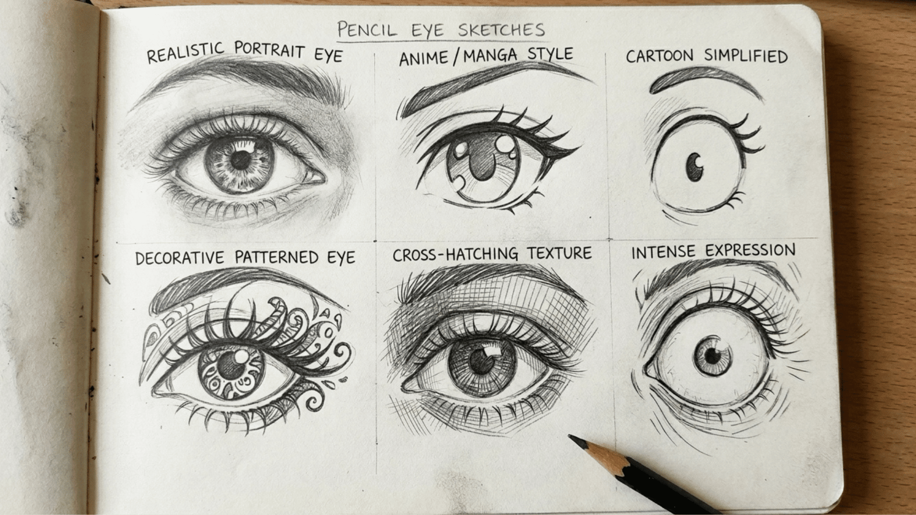six different types of pencil sketch eyes to try