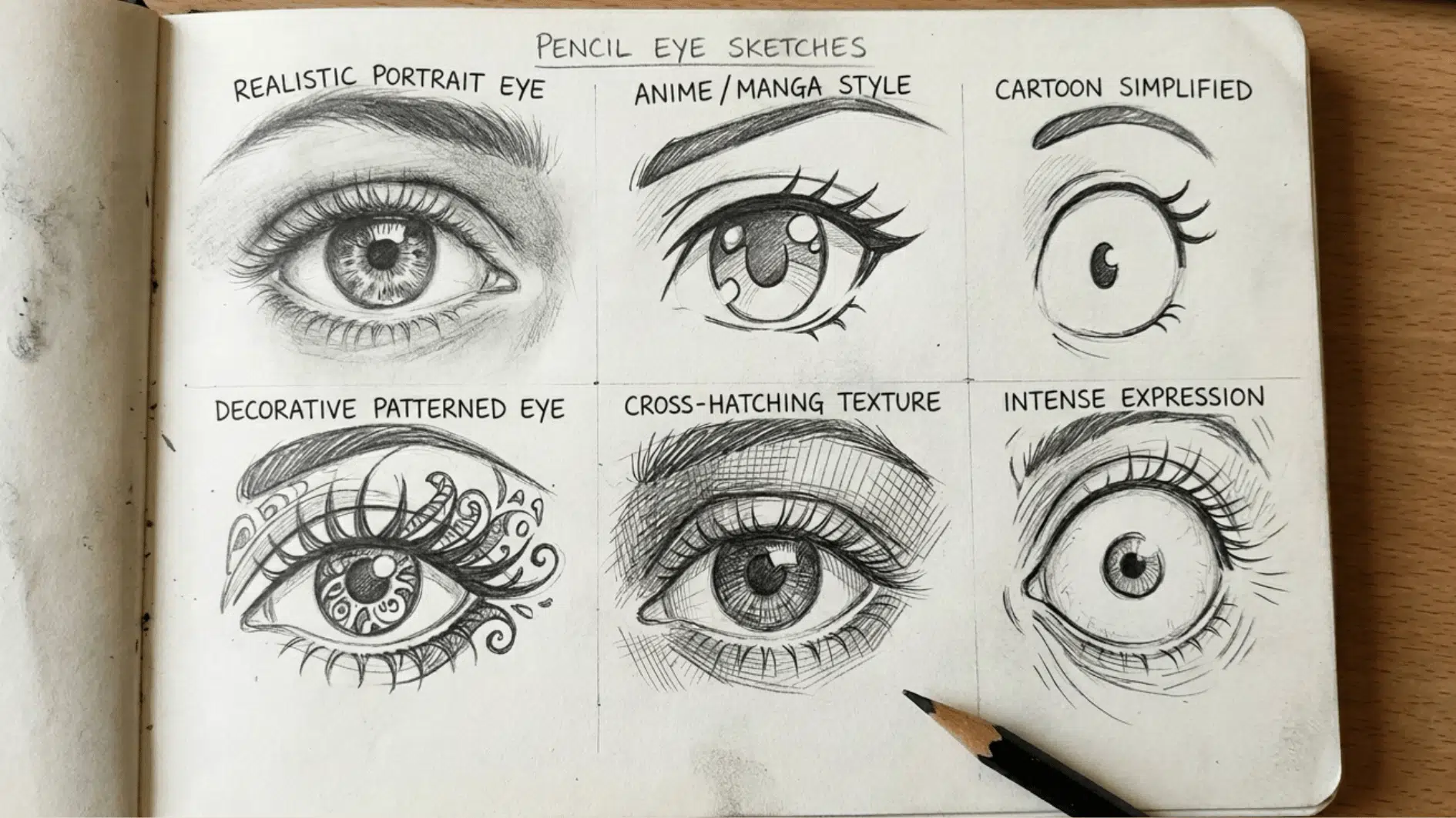 six different types of pencil sketch eyes to try