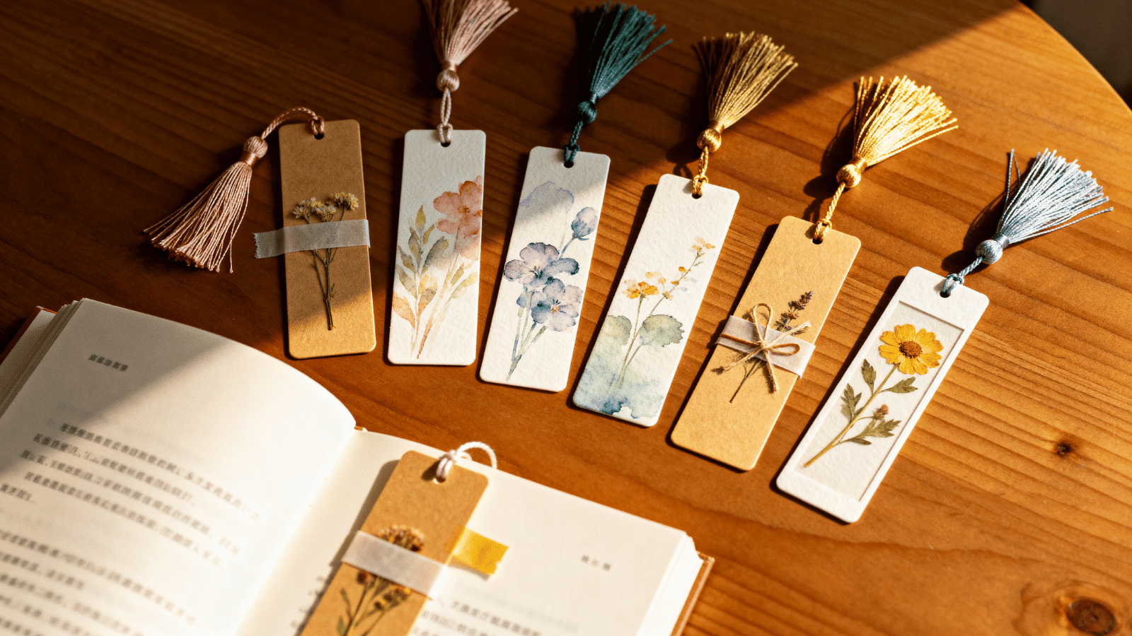 handmade DIY bookmarks with watercolor and tassels made by kids at home, a simple and creative craft for children