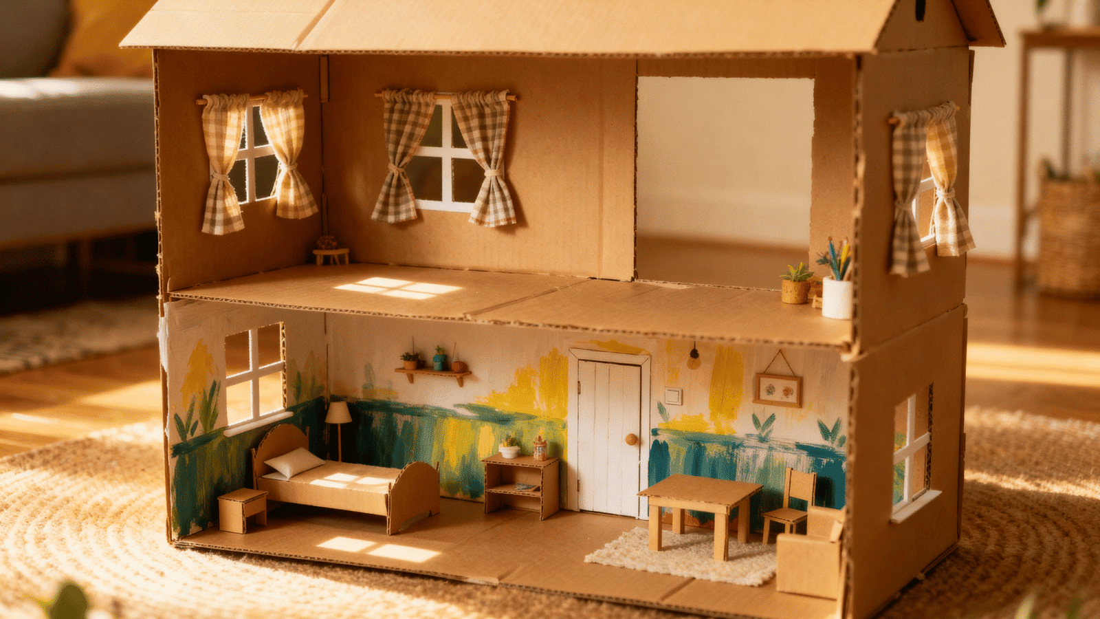a diy cardboard box dollhouse made at home by kids with paint and paper furniture, creative craft for kids ages 6 to 12