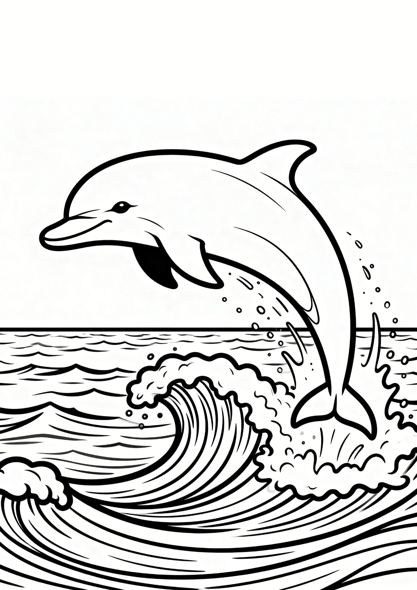 dolphin jumping above ocean waves black outline coloring page playful sea animal scene for kids
