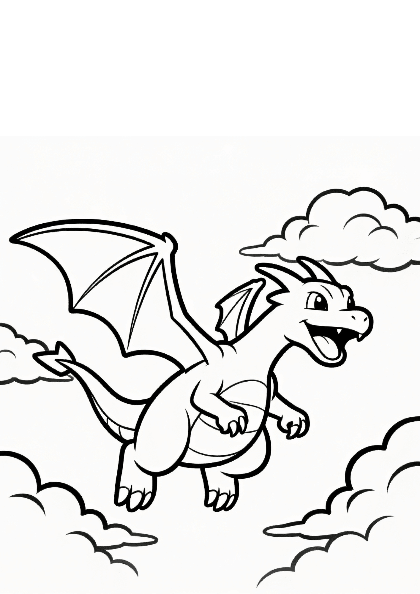 dragonite coloring page printable black outline flying in sky with clouds kids coloring sheet clean line art