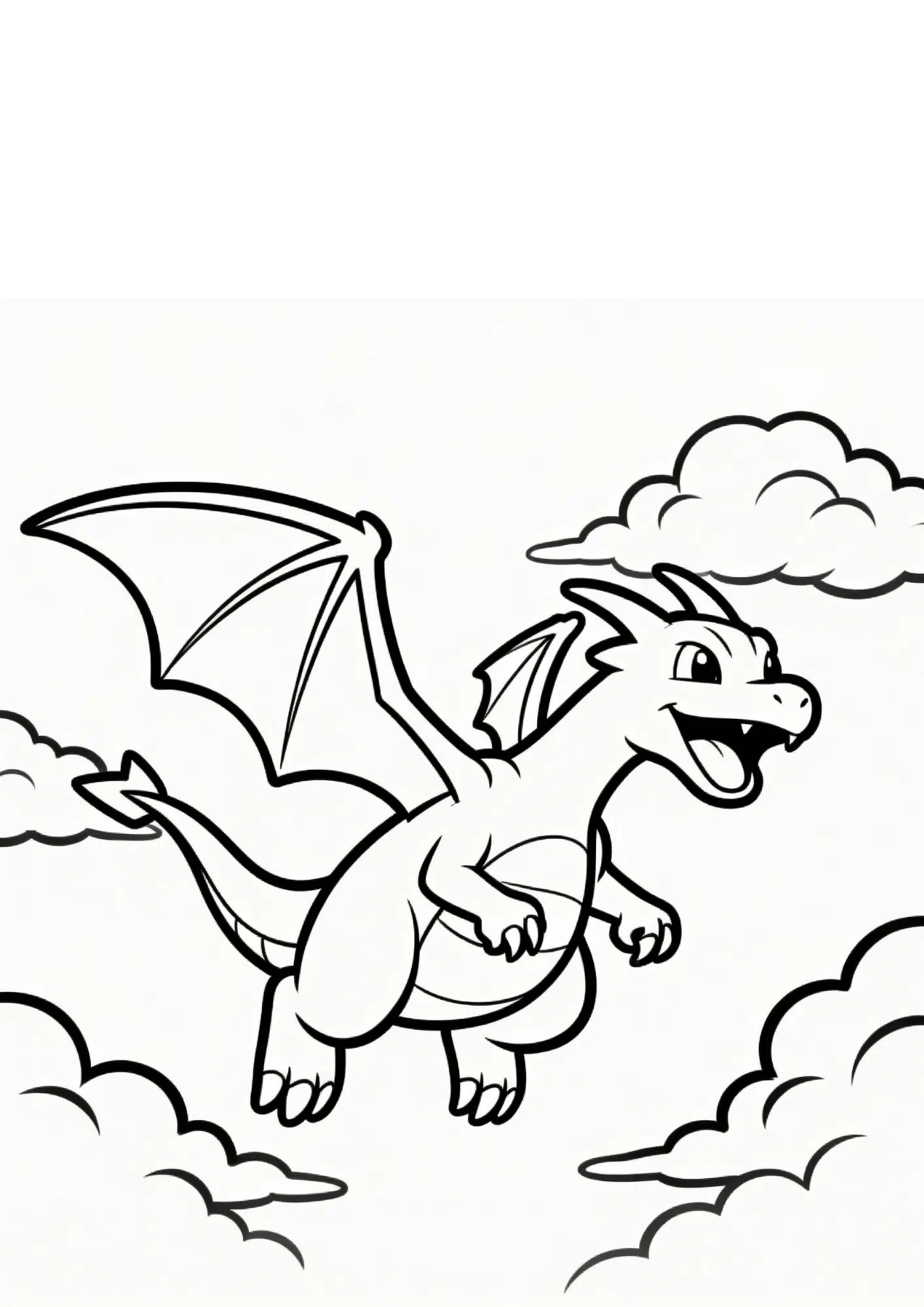 dragonite coloring page printable black outline flying in sky with clouds kids coloring sheet clean line art
