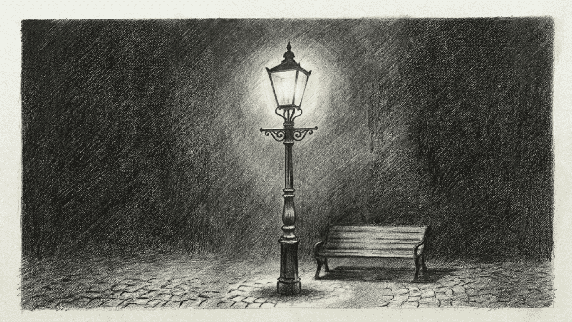 dramatic-pencil-drawing-of-glowing-vintage-street-lamp-beside-empty-bench-at-night
